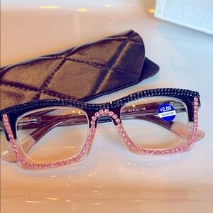 Elegant Pink and Black Crystal Rhinestone Reader Glasses 2.0